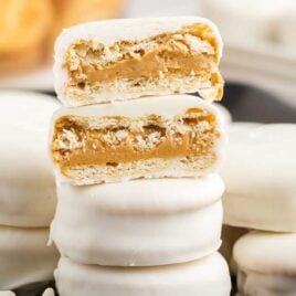 close up shot of Peanut Butter Ritz Crackers stacked on top of each other
