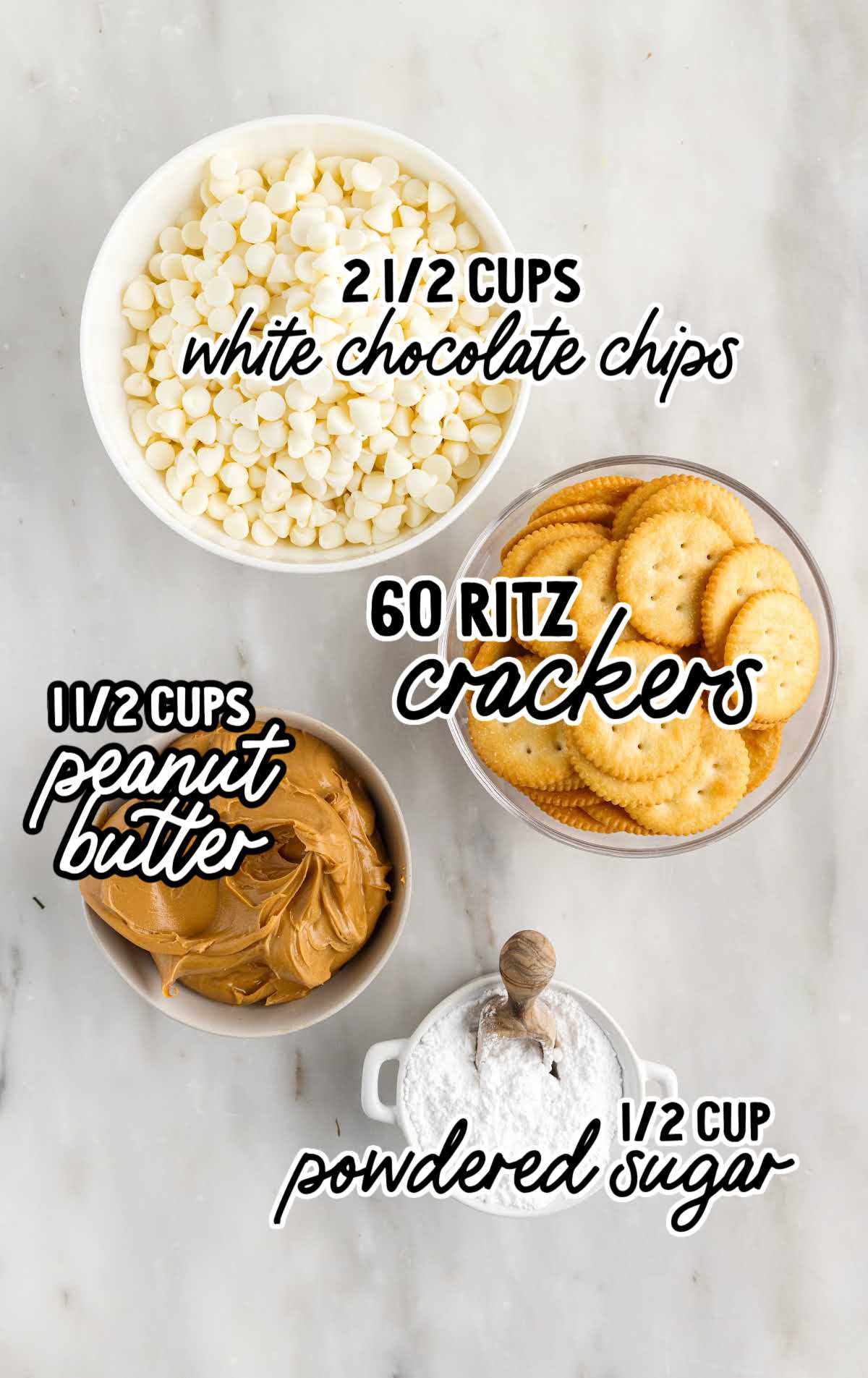 Peanut Butter Ritz Crackers Dipped in White Chocolate raw ingredients that are labeled