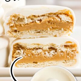close up shot of Peanut Butter Ritz Cracker split in half on a plate