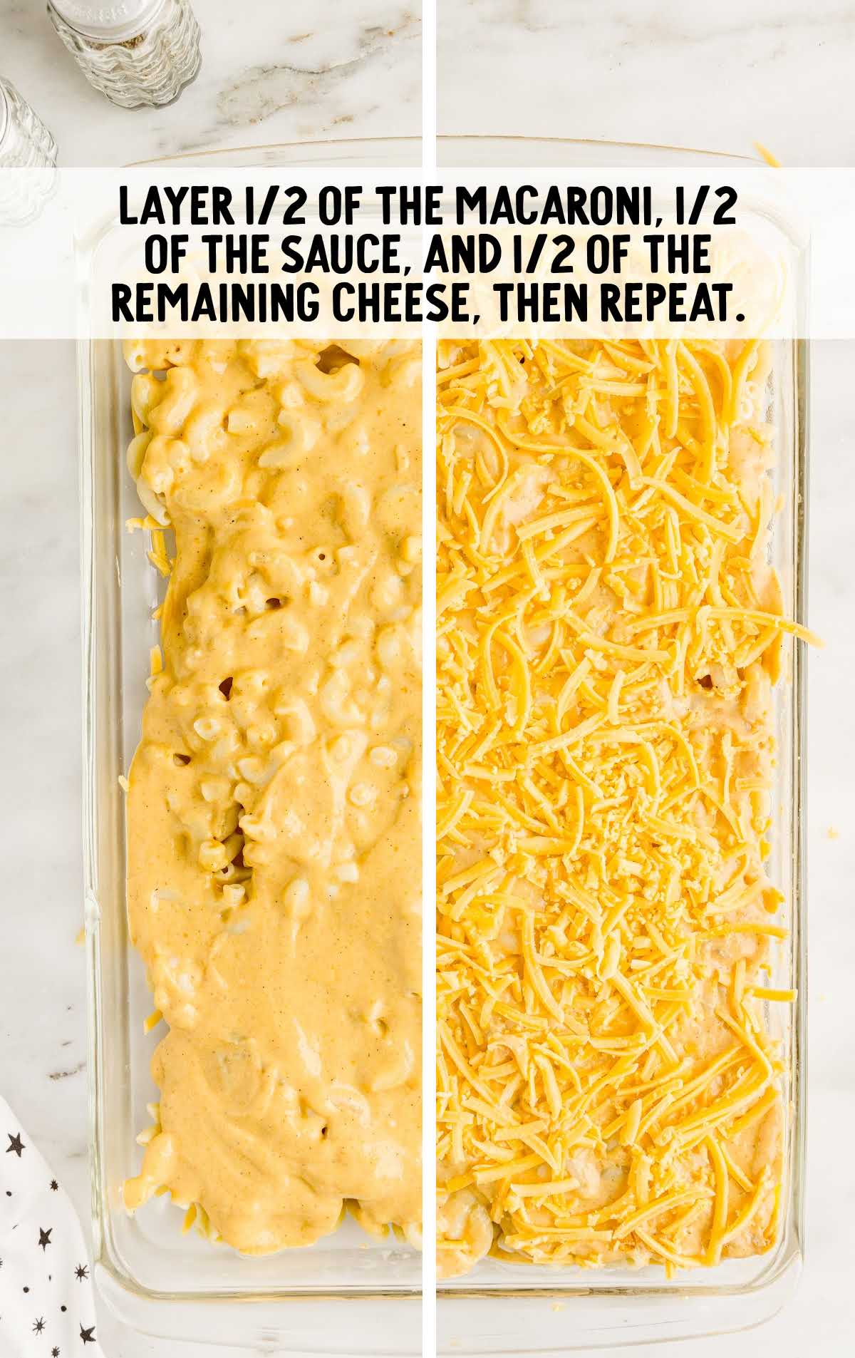 macaroni, sauce and cheese layered in a baking dish