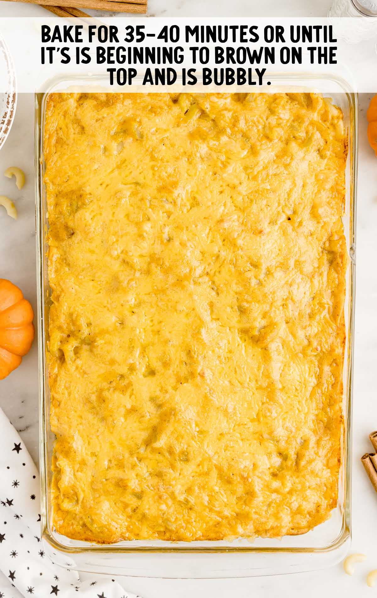 Pumpkin Spice Mac and Cheese baked in a baking dish