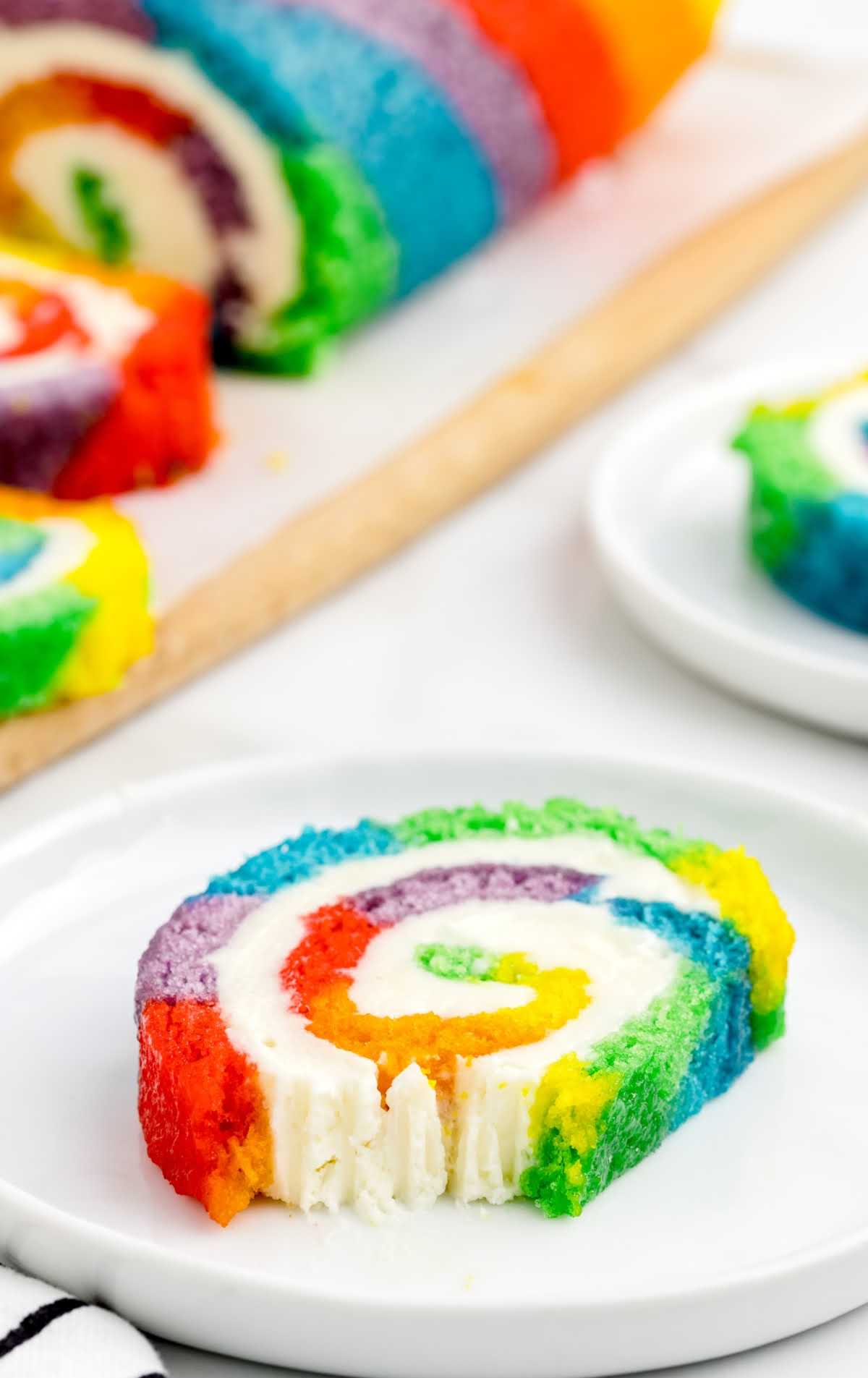 close up shot of a slice of Rainbow Roll Cake on a plate