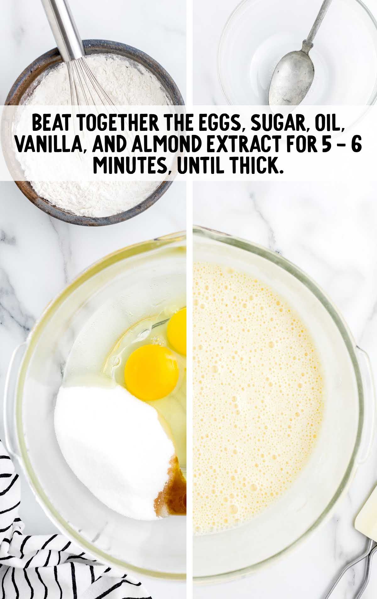 eggs, sugar, oil, vanilla, and almond extract blended together in a bowl