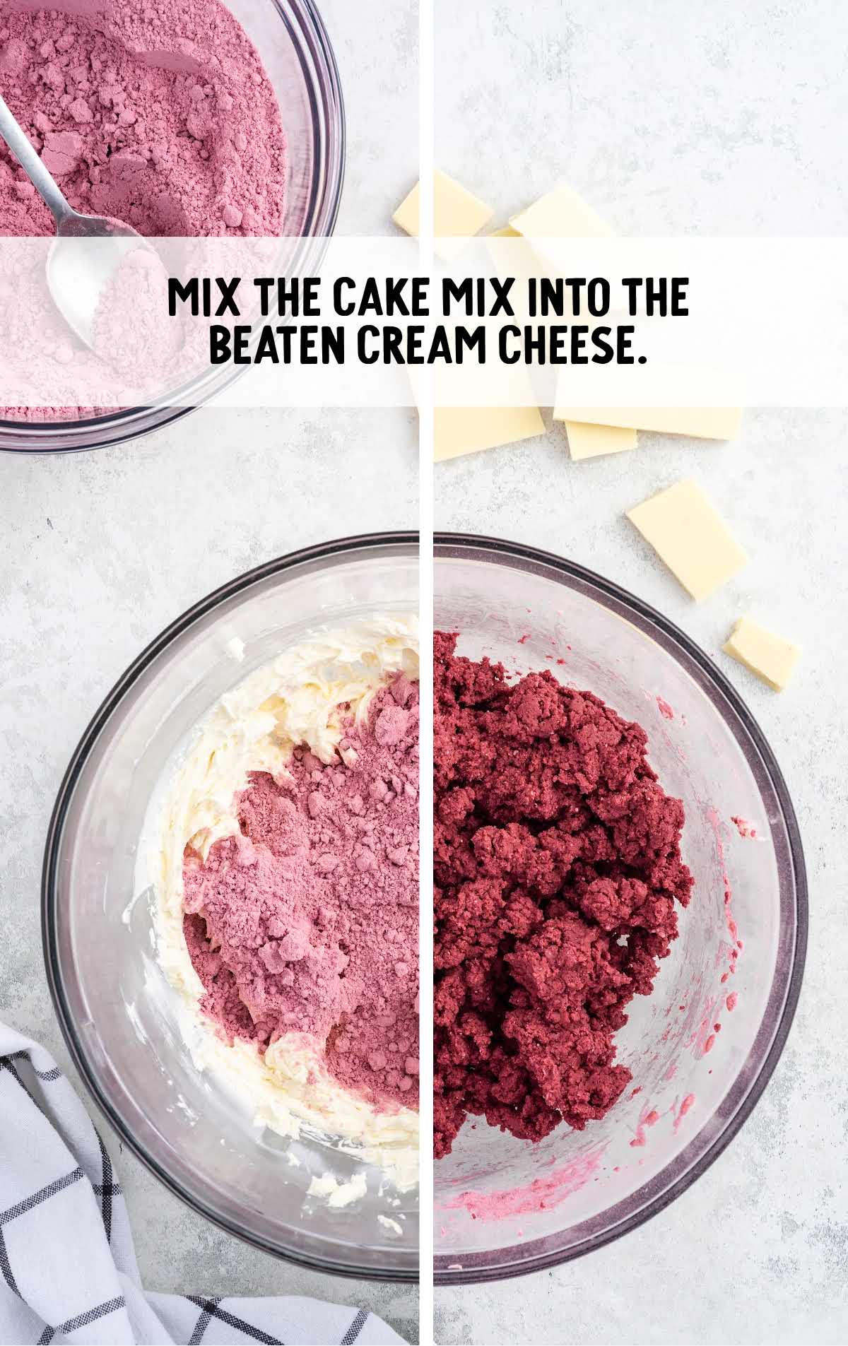 cake mix mix into the cream cheese in a bowl