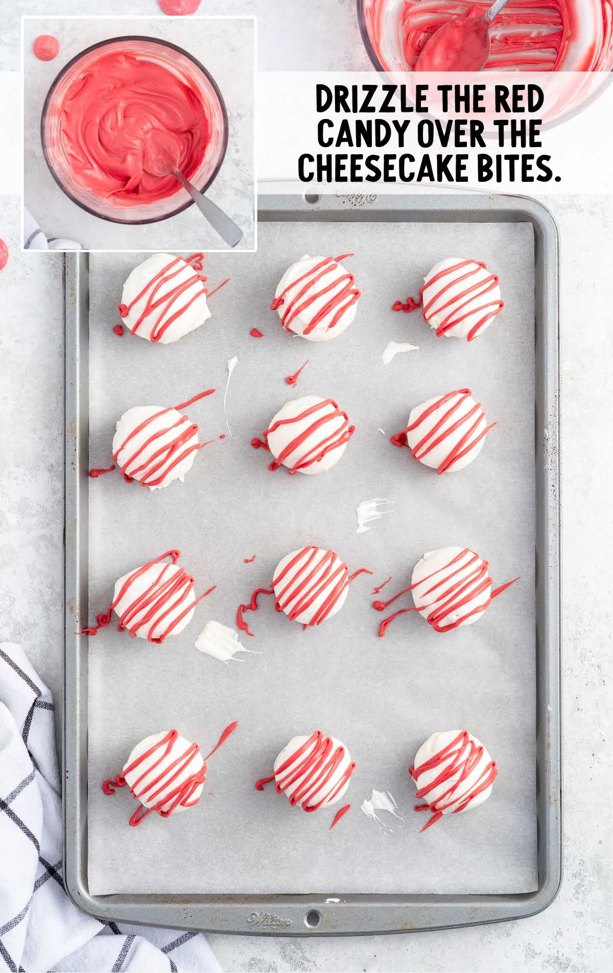 red candy drizzled over the cheesecake bites