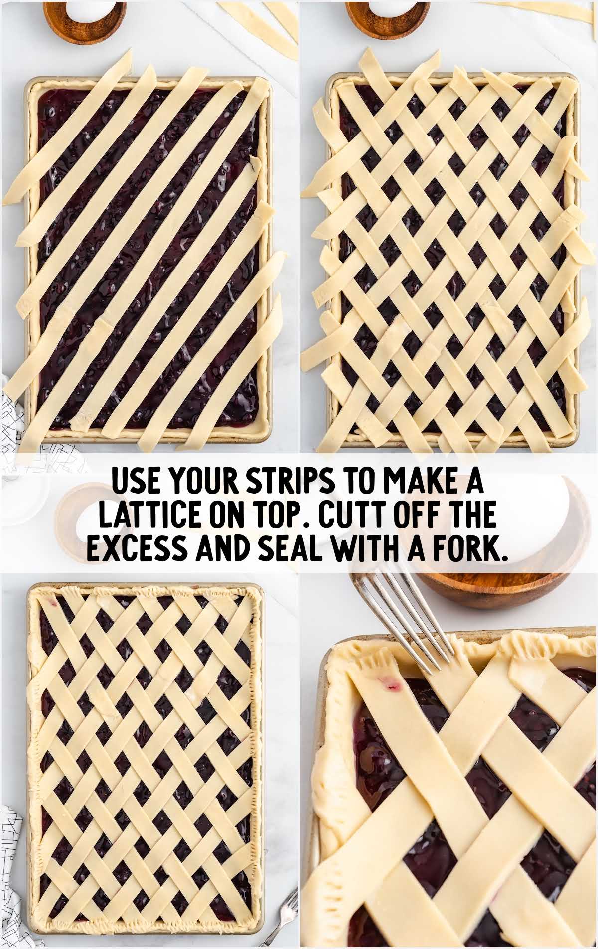 using strips make a lattice on top and seal with fork in a baking pan