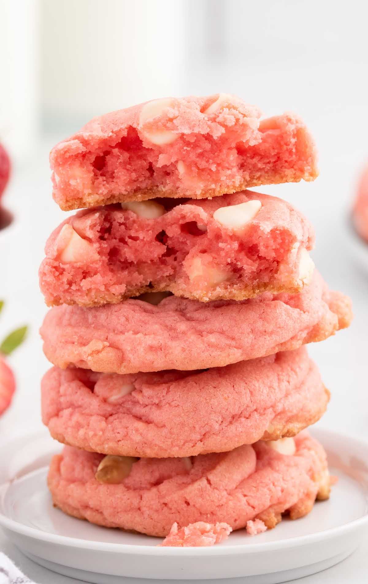close up shot of Strawberry Pudding Cookies stacked on top of each other