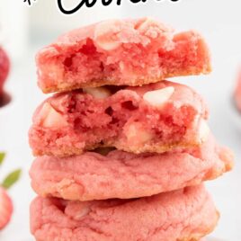 close up shot of Strawberry Pudding Cookies stacked on top of each other