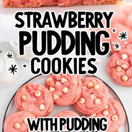 overhead shot of Strawberry Pudding Cookies on a plate and a close up shot of half Strawberry Pudding Cookies stacked on top of each other