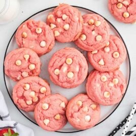 overhead shot of Strawberry Pudding Cookies on a plate