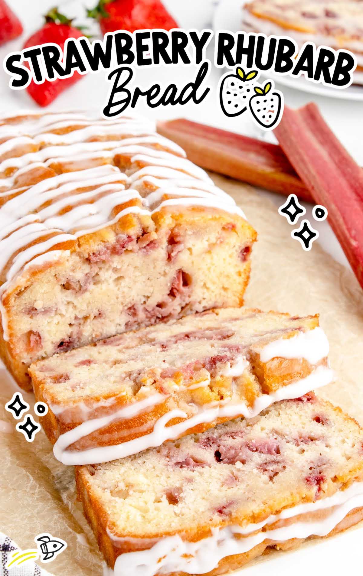 a close up shot of Strawberry Rhubarb Bread sliced