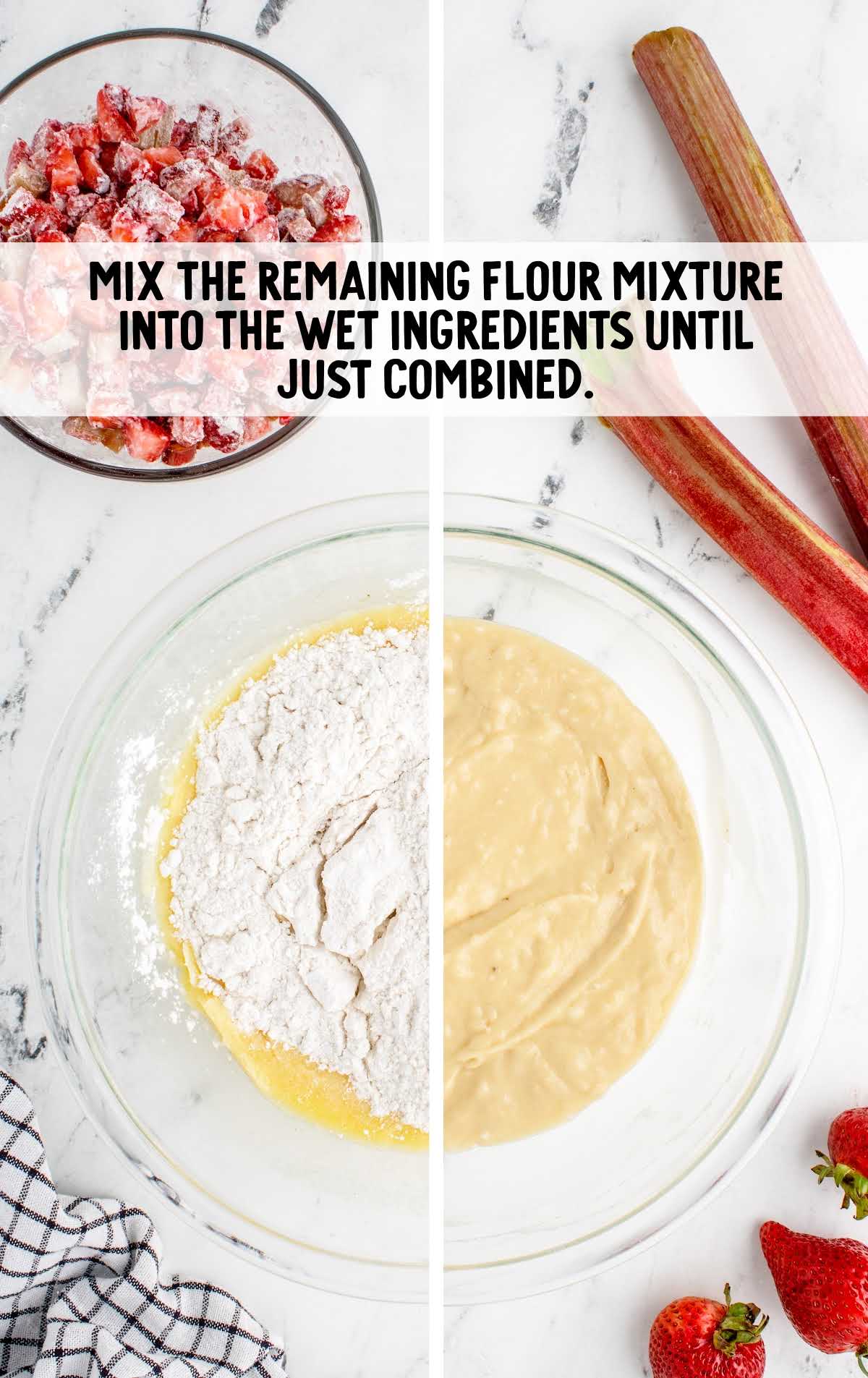 flour mixture mixed into the wet ingredients in a bowl