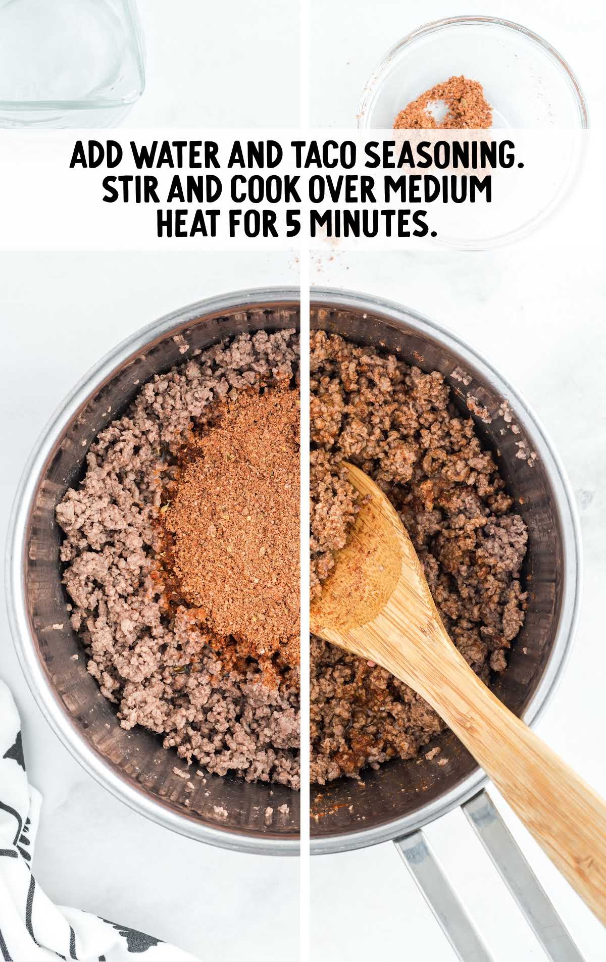 water and taco seasoning stir in a pan with a wooden spoon