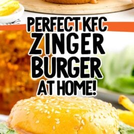 close up shot of Zinger Burger on a plate and close up shot of Zinger Burgers on a wooden board