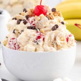 a close up shot of Banana Split Fluff in a bowl