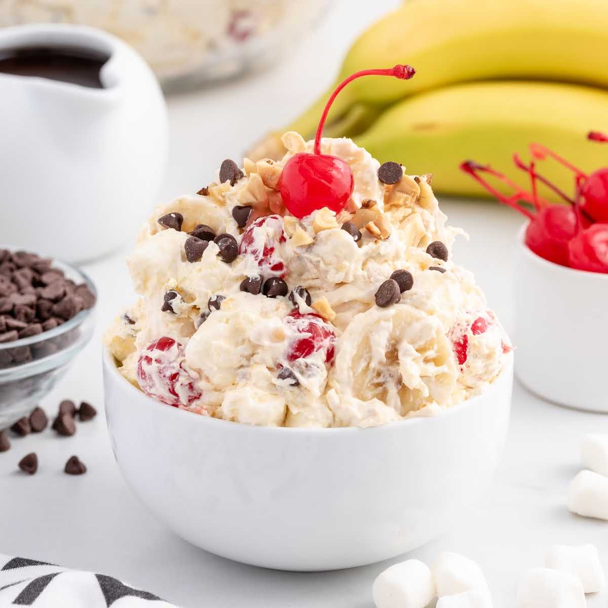 a close up shot of Banana Split Fluff in a bowl
