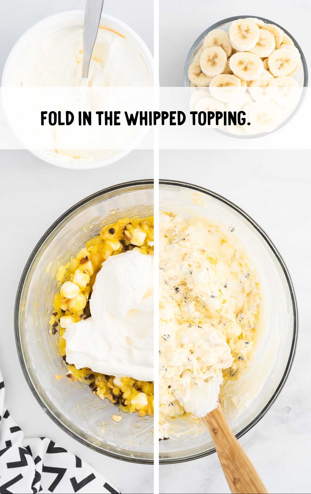 whipped topping added to the marshmallows mixture in a bowl