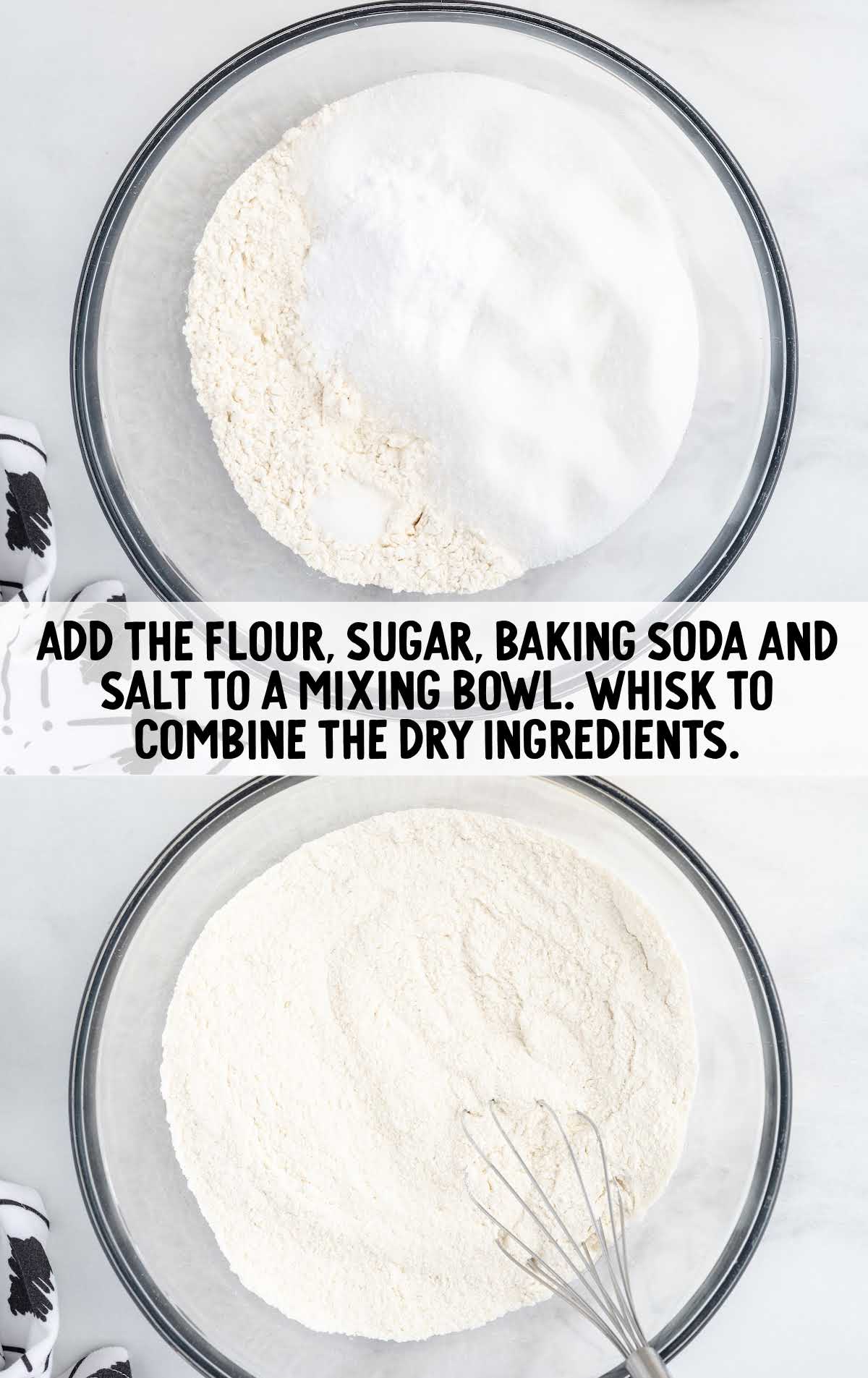 flour, sugar, baking soda, and salt whisked in a bowl