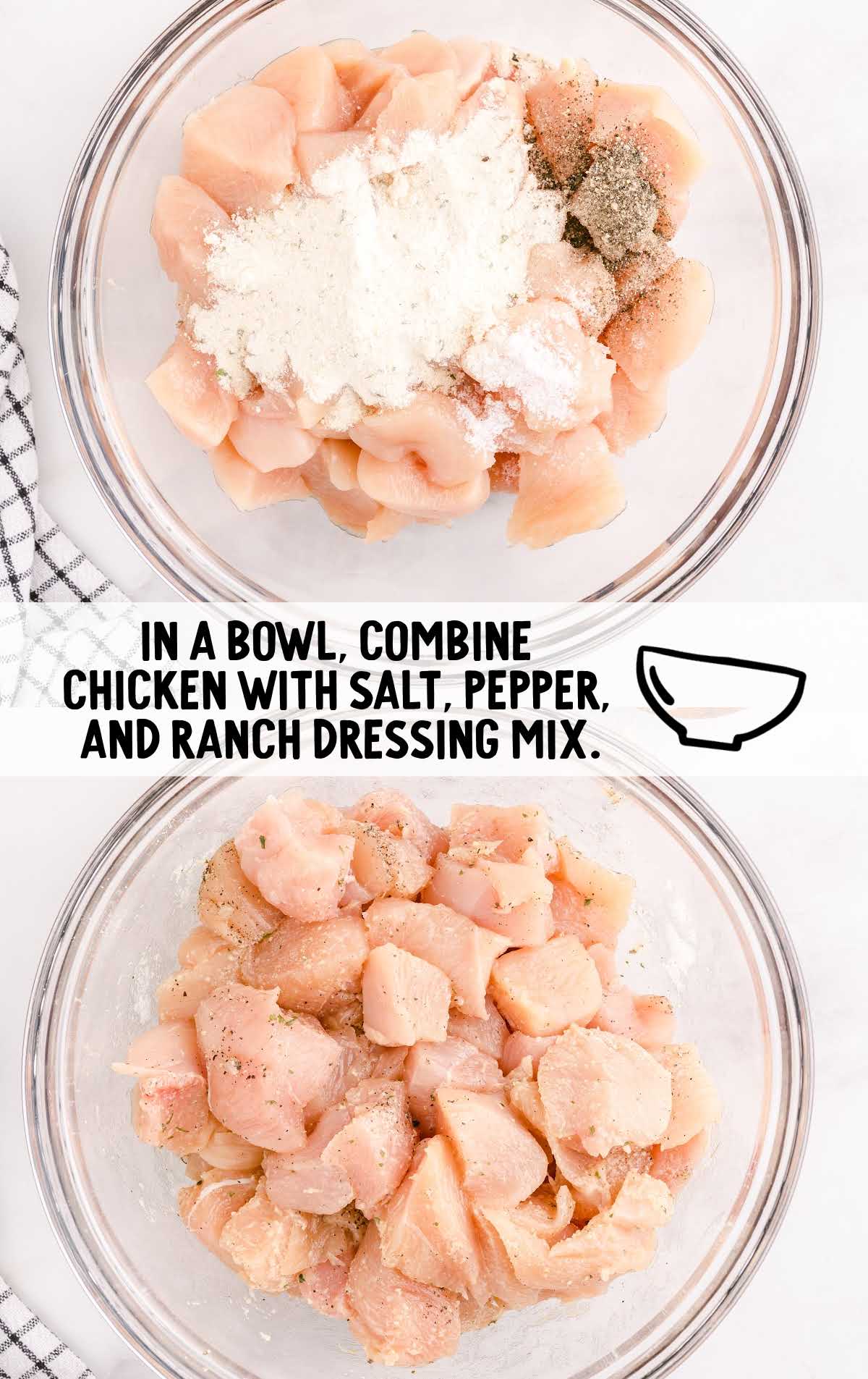 chicken, salt, pepper and ranch dressing mixed in a bowl