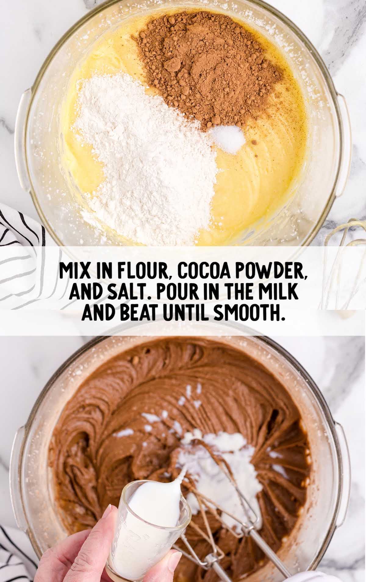 flour, cocoa powder, salt and milk mixed with the vanilla mixture in a bowl