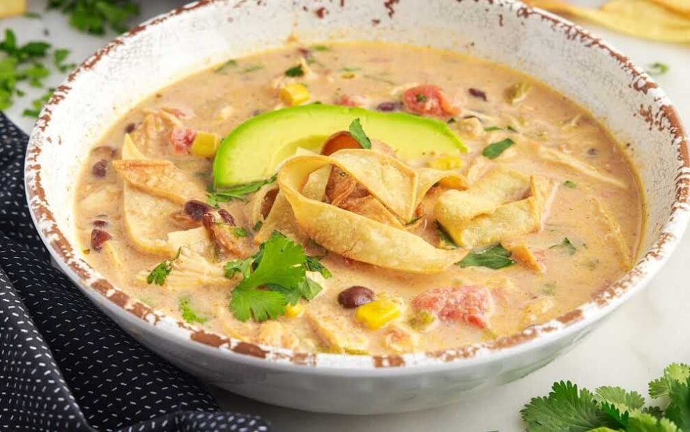 a close up shot of Crockpot Chicken Tortilla Soup in a bowl