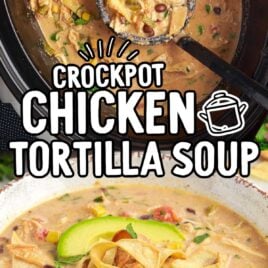 a close up shot of Crockpot Chicken Tortilla Soup in a bowl and close up shot of a spoon full of Crockpot Chicken Tortilla Soup