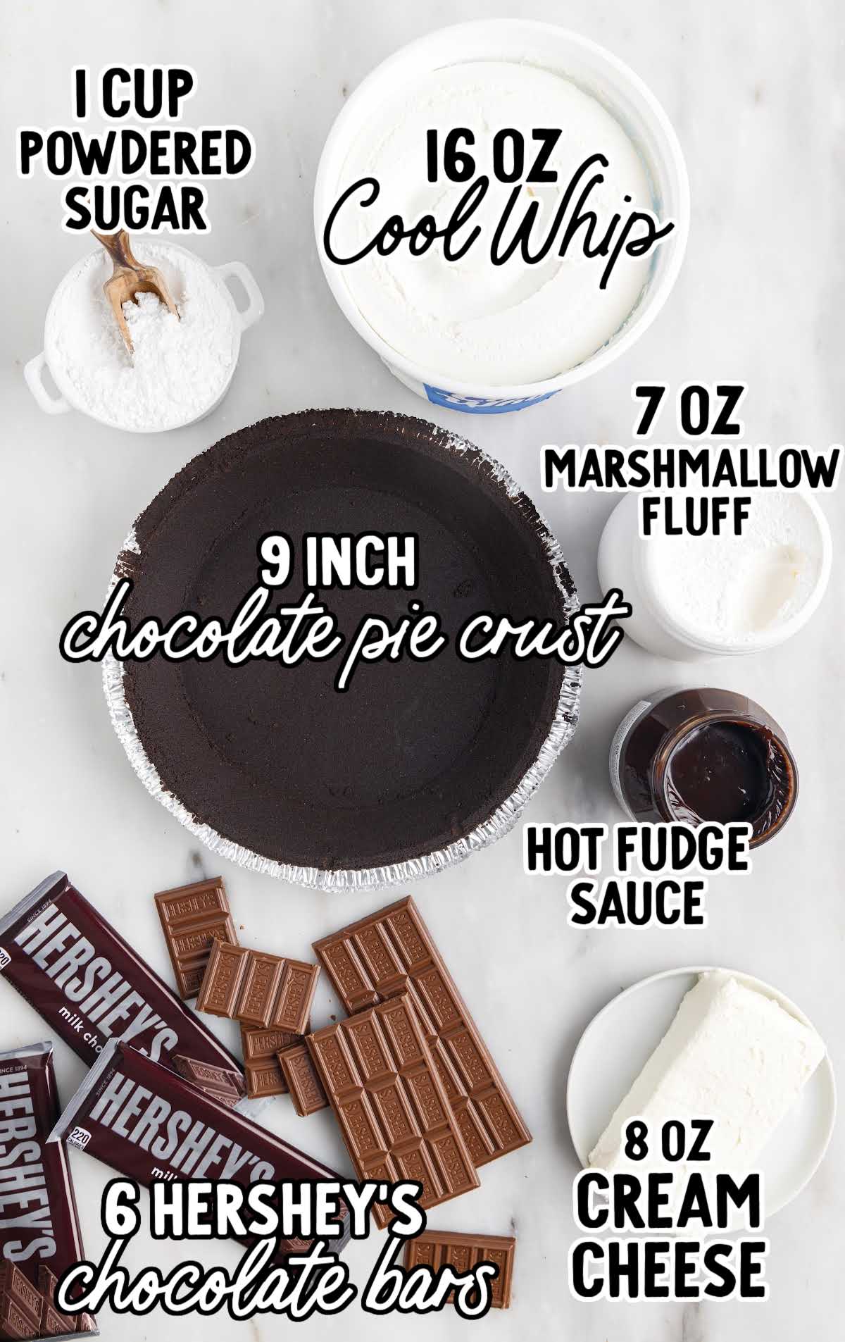 Hershey Pie raw ingredients on white surface and labeled