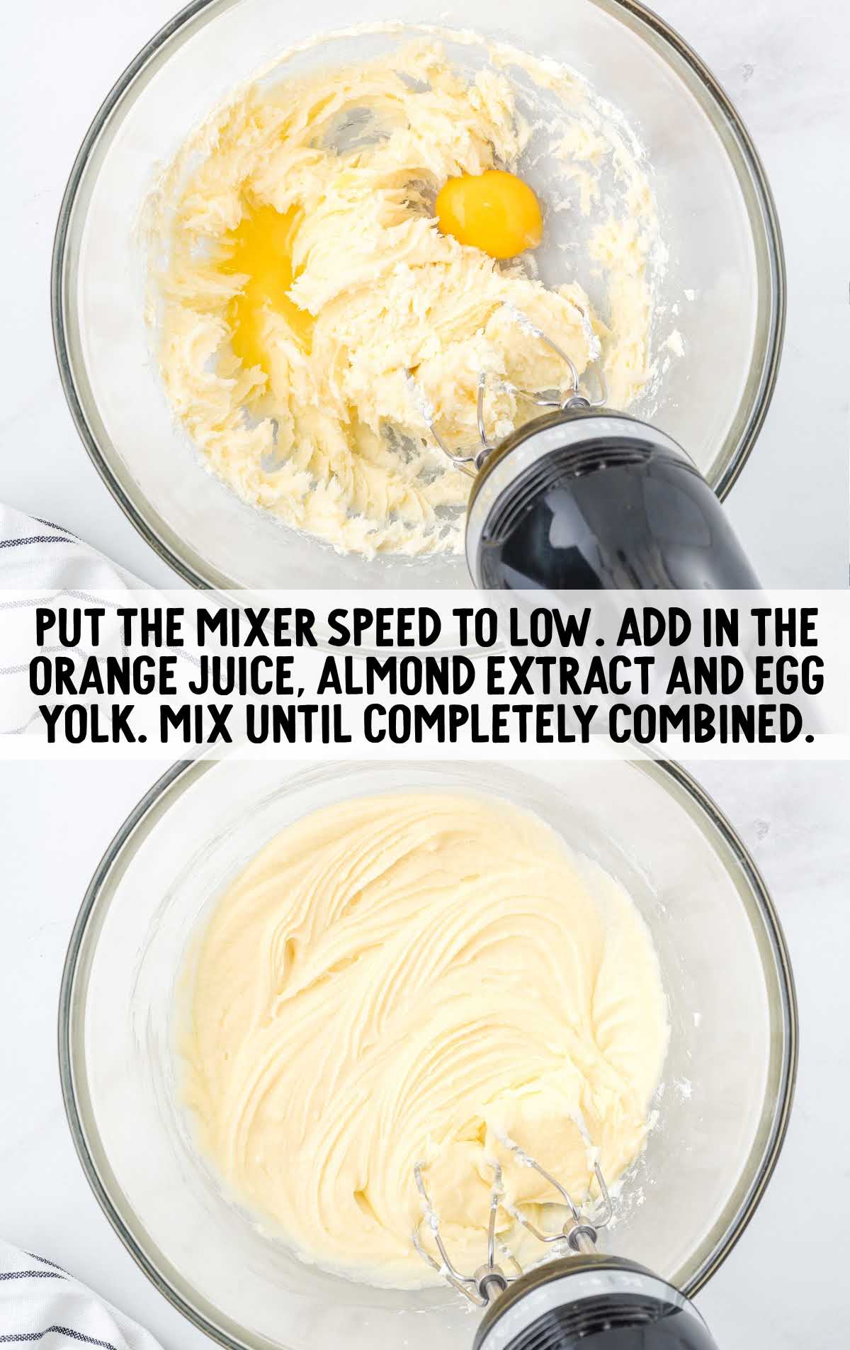 orange juice, almond extract and egg yolk blended together in a bowl