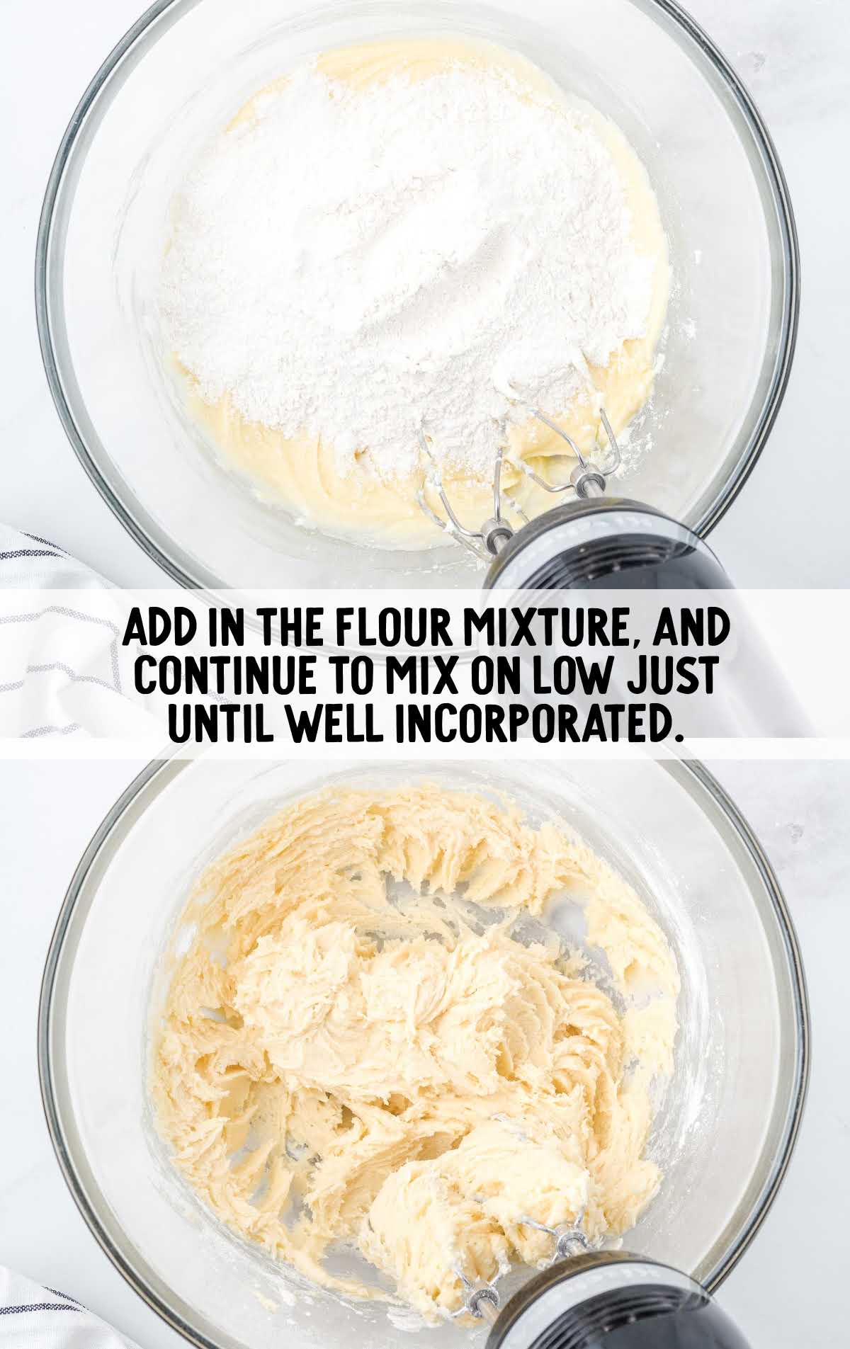 flour mixture added to the egg mixture in a bowl and blended together