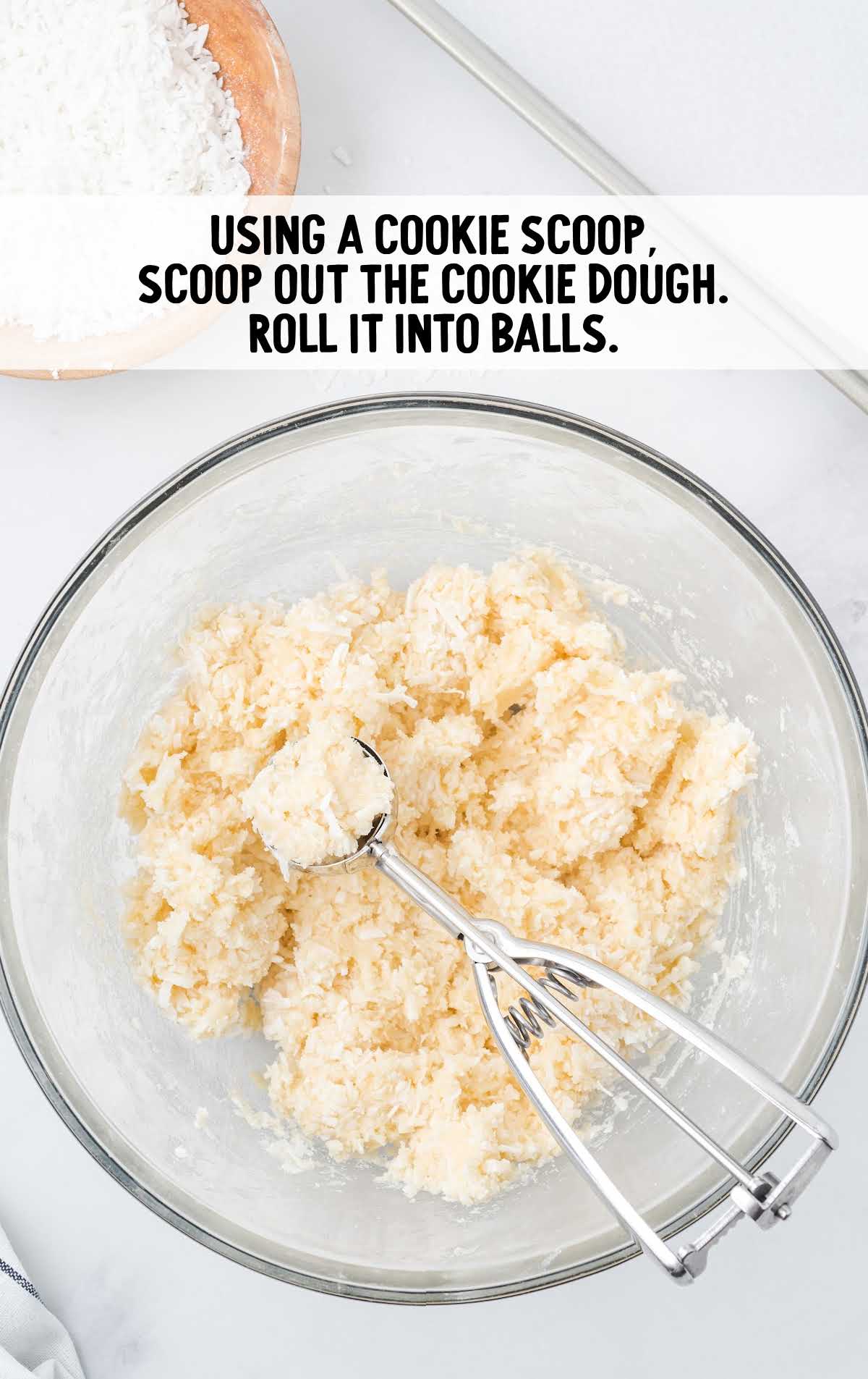 using a cookie scoop, scoop out cookie dough and roll into balls in a bowl