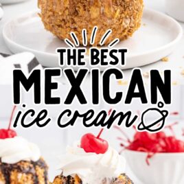 a close up shot of Mexican Ice Cream on a plate with a piece taken out and a a close up shot of Mexican Ice Cream on a plate with out toppings