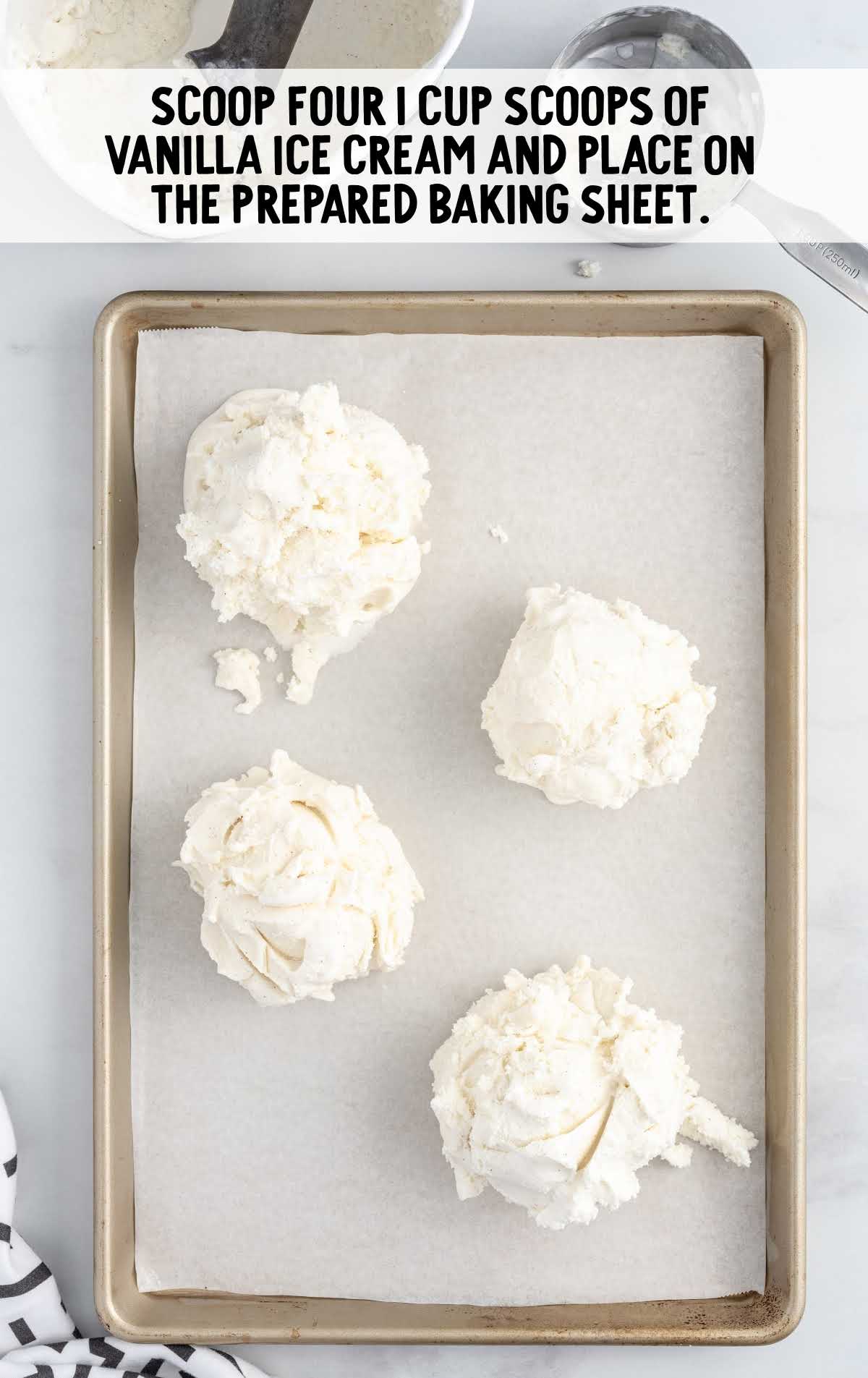 vanilla ice scoops placed in a baking sheet