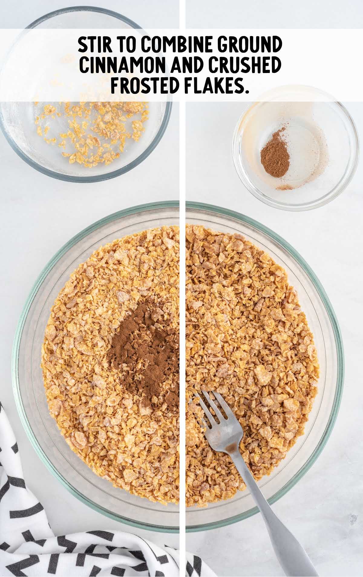 ground cinnamon and frosted flakes stirred in a bowl