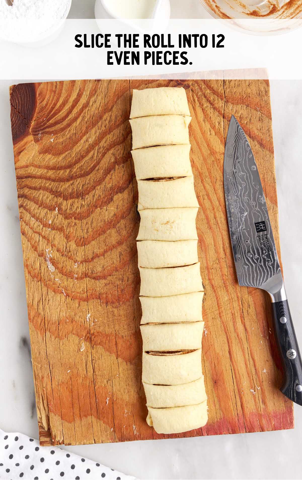 roll sliced into 12 pieces on a cutting board