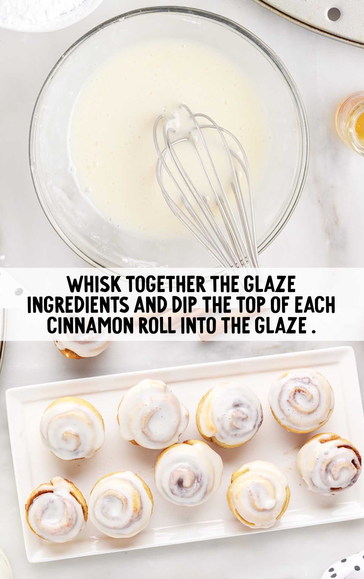glazed ingredients whisked in a bowl and then topped on top of each mini roll on a plate