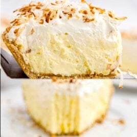 a close up shot of a slice of No Bake Coconut Cream Pie on spatula