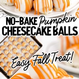 No-bake pumpkin cheesecake balls coated in white chocolate with orange drizzle, fall dessert treat