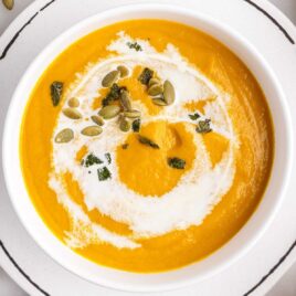 overhead shot of Pumpkin Soup in a bowl