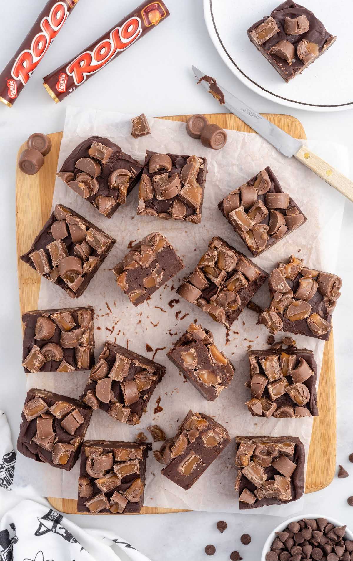 overhead shot of pieces of Rolo Fudge on a cutting board