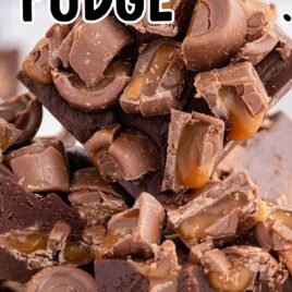 a close up shot of pieces of Rolo Fudge stacked on top of each other