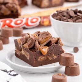 a close up shot of a piece of Rolo Fudge on a plate