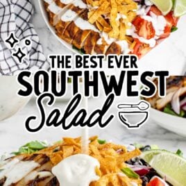 close up shot of Southwest Salad in a bowl with dressing poured on top and overhead shot of Southwest Salad in a bowl