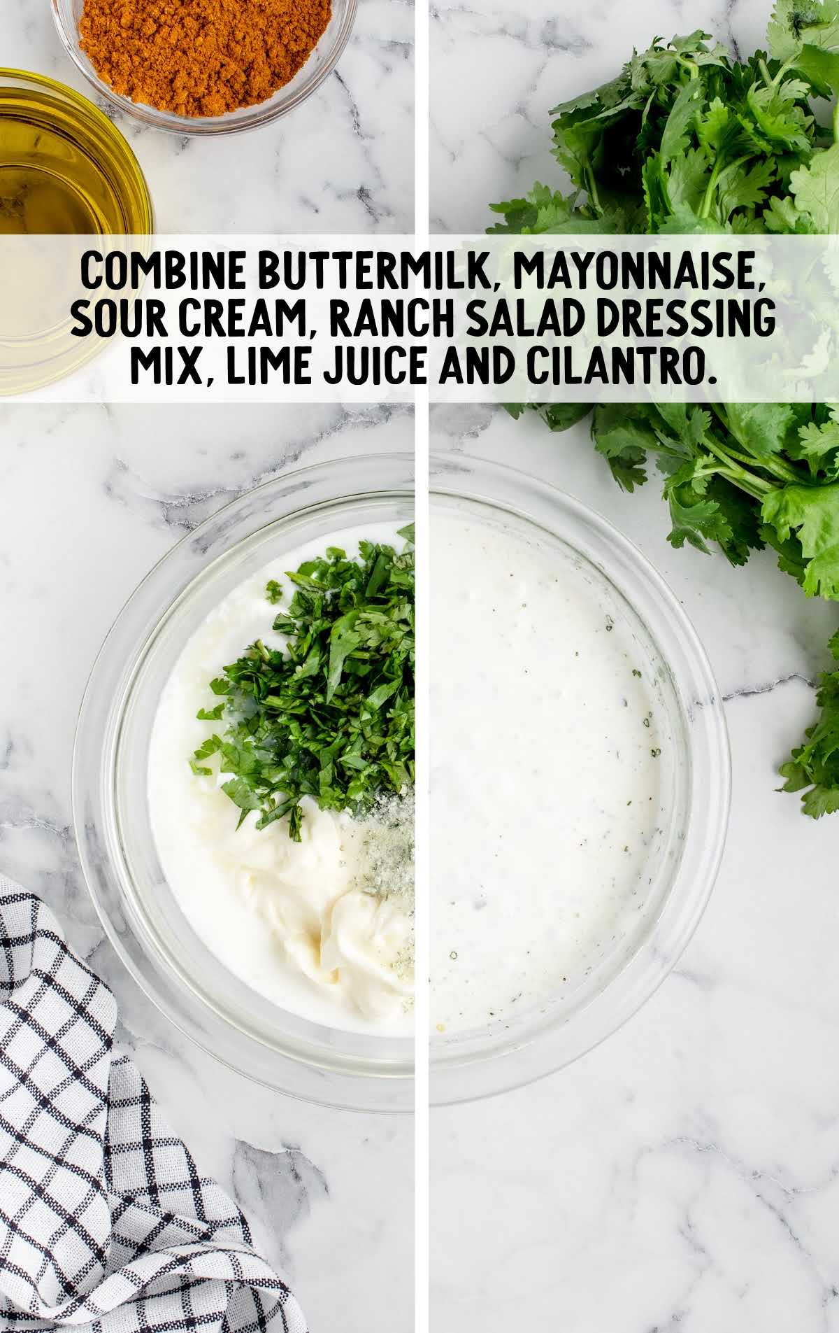 buttermilk, mayonnaise, sour cream, ranch salad dressing mix, lime juice and cilantro mixed in a bowl