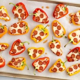 overhead shot of Sweet Pepper Pizza Bites on a baking tray