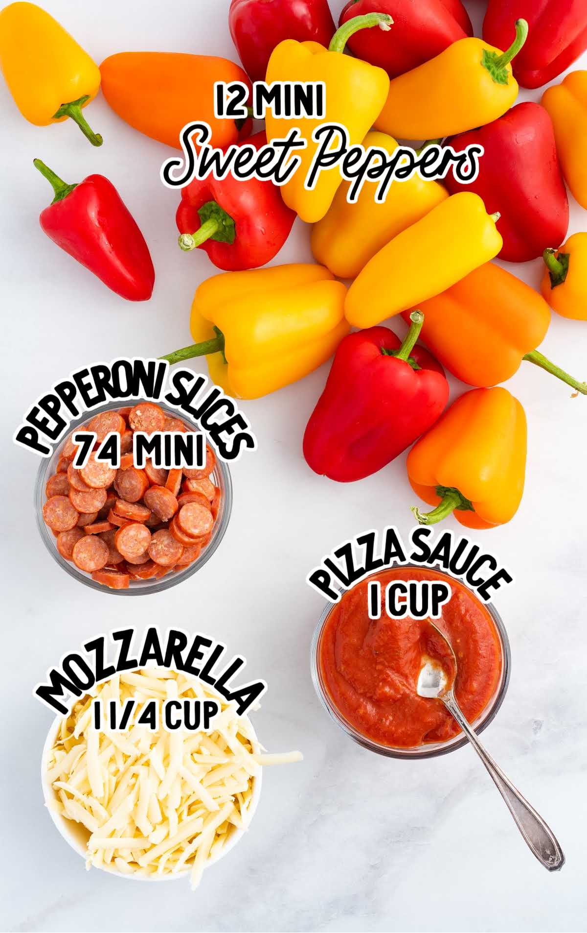 Sweet Pepper Pizza Bites raw ingredients on white surface and labeled