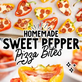 overhead shot of Sweet Pepper Pizza Bites on a plate and a overhead shot of sweet pepper pizza bites on a baking tray