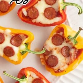 overhead shot of Sweet Pepper Pizza Bites on a plate