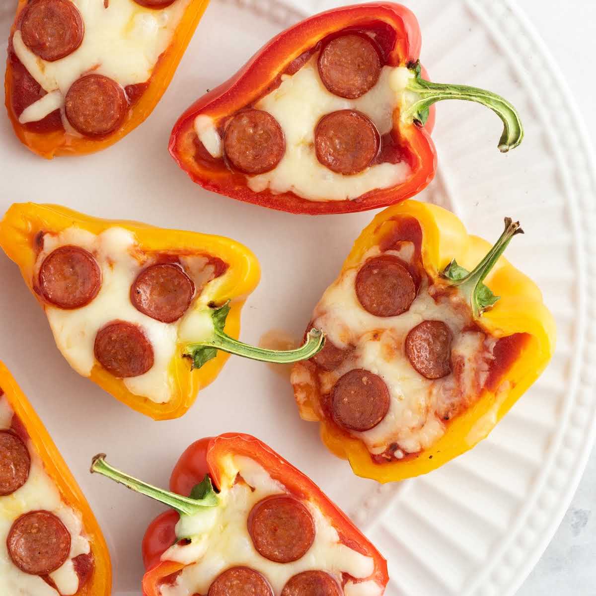 overhead shot of Sweet Pepper Pizza Bites on a plate