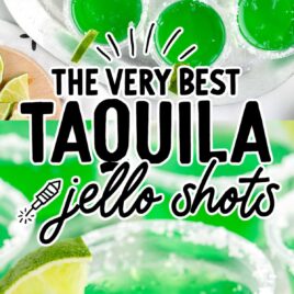 a close up shot of a Tequila Jello Shot and a overhead shot of Tequila Jello Shots in a bucket of ice
