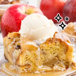 close up shot of a slice of Apple Bread Pudding topped with ice cream on a plate